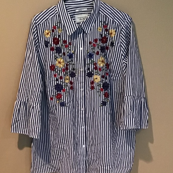 Blue and white button down with floral designs - Picture 2 of 2